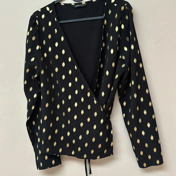 SHEIN Black Golden Dot Bow Wrap Blouse Sz Large - Picture 10 of 12
